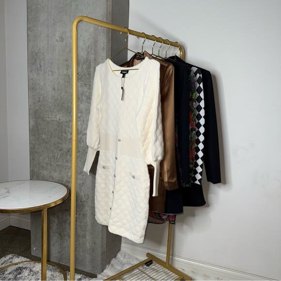 Express Embellished Button Front Mini Sweater Dress in Ivory/Off White - Picture 5 of 17